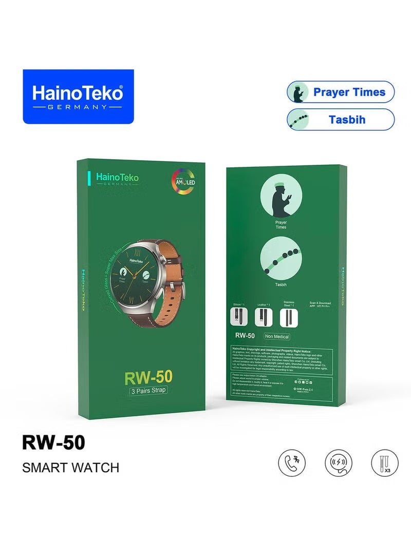 Haino Teko RW50 Super Max Size Round Shape Curved AMOLED Display Smart Watch With 3 Pair Straps For Gents and Boys Silver - Image 1