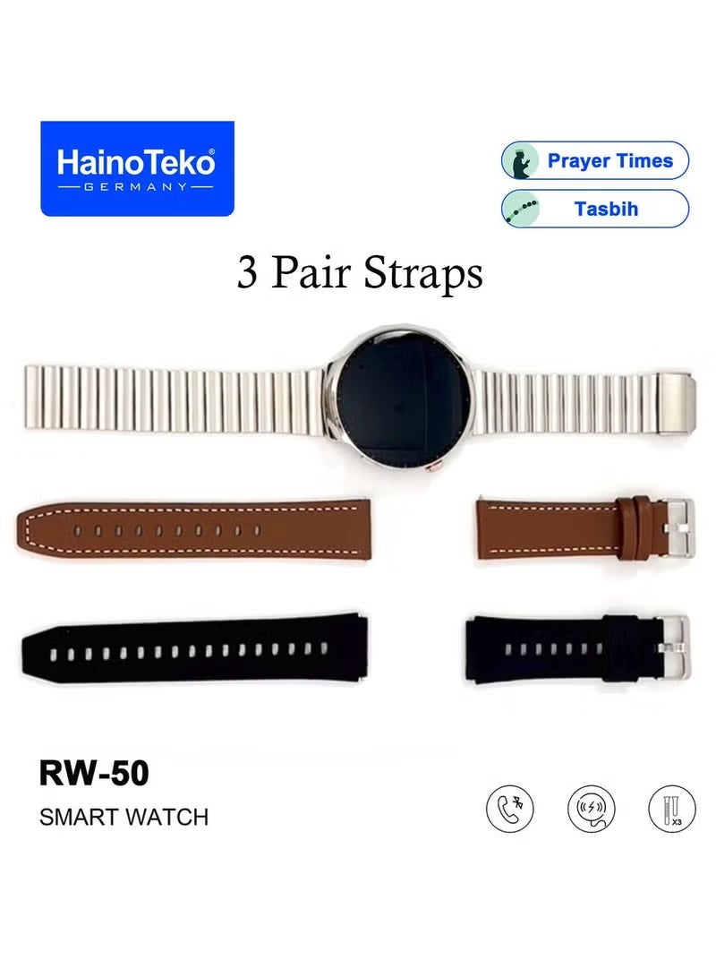 Haino Teko RW50 Super Max Size Round Shape Curved AMOLED Display Smart Watch With 3 Pair Straps For Gents and Boys Silver - Image 4