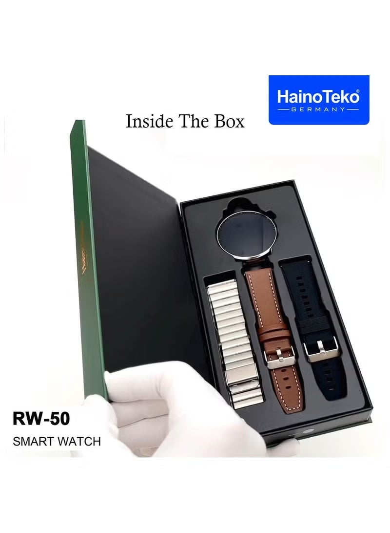 Haino Teko RW50 Super Max Size Round Shape Curved AMOLED Display Smart Watch With 3 Pair Straps For Gents and Boys Silver - Image 5