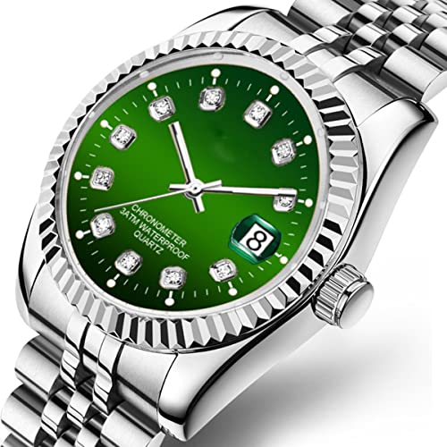 SENRUD Men's Fashion Classic Design Analog Quartz Watches Casual Business Stainless Steel Waterproof Date Wrist Watch Men (Green) - Image 2