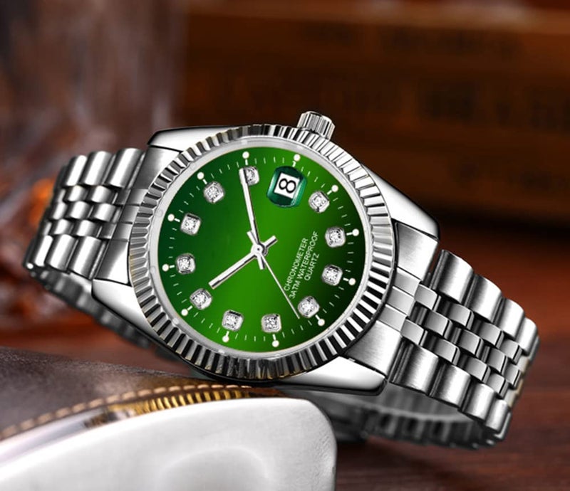 SENRUD Men's Fashion Classic Design Analog Quartz Watches Casual Business Stainless Steel Waterproof Date Wrist Watch Men (Green) - Image 3