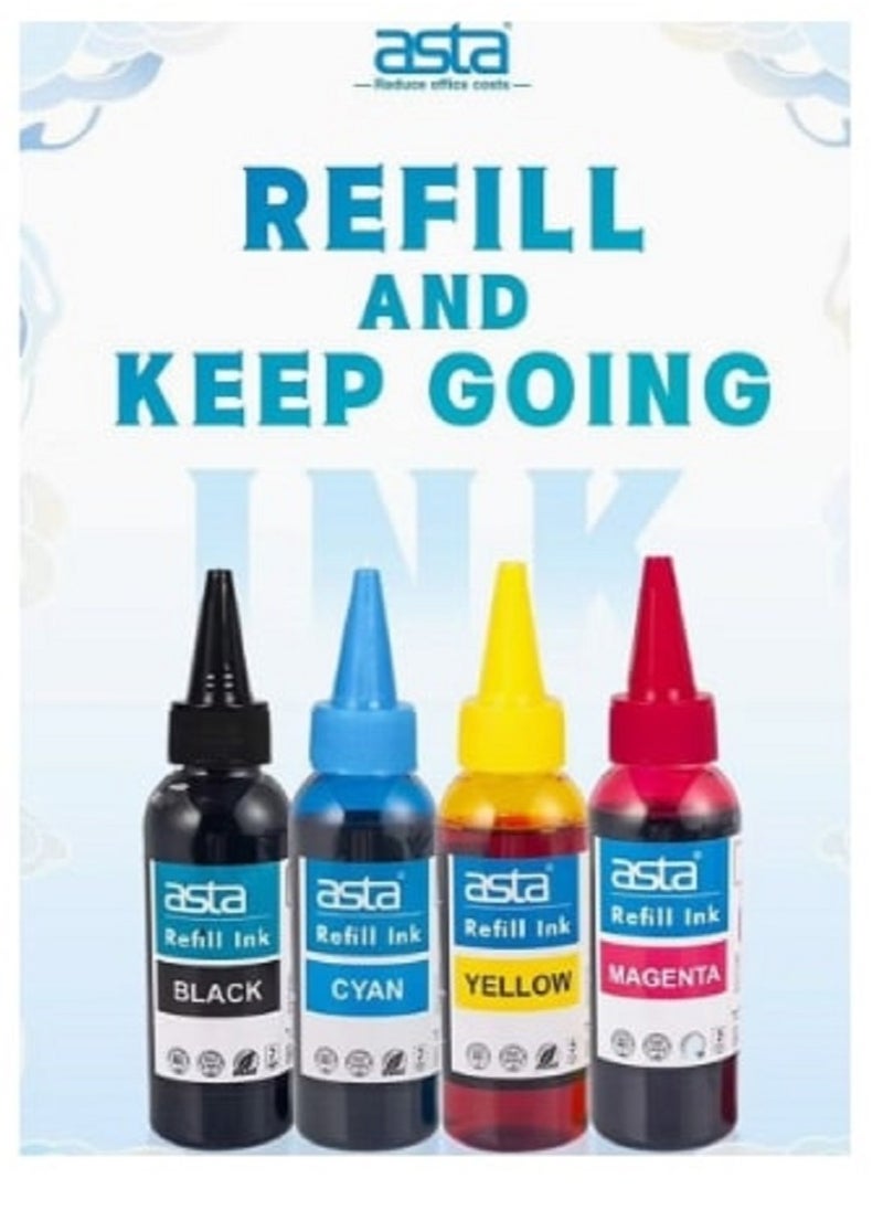 Asta 4-Colors Black Cyan Yellow Magenta Refill Ink Toner - Inks for Refill Ink Cartridges (HP/EPSON/CANON) 4 X 100ml Multicolors.  - Image 1