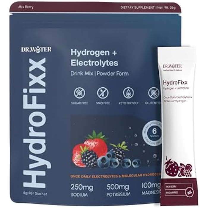 DR.WATER HydroFixx Hydrogen + Electrolytes Mix - Variety Pack | H2 Hydration with Molecular Hydrogen, Sodium, Potassium, Magnesium | LemonLime, MixBerry, Orange Caffeine | 6 Count (6, Mix Berry) - Image 1