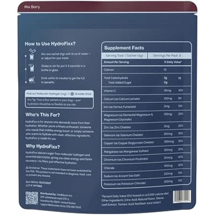 DR.WATER HydroFixx Hydrogen + Electrolytes Mix - Variety Pack | H2 Hydration with Molecular Hydrogen, Sodium, Potassium, Magnesium | LemonLime, MixBerry, Orange Caffeine | 6 Count (6, Mix Berry) - Image 2