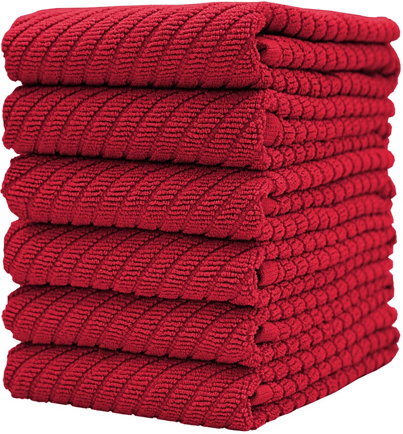 Bumble Towels Premium Kitchen Towels (16”x 25”, 6 Pack) | Large Cotton Kitchen Hand Towels | Dish Towels | Diagonal Weave Design | 445 GSM Highly Absorbent Tea Towels Set with Hanging Loop | Red - Image 1