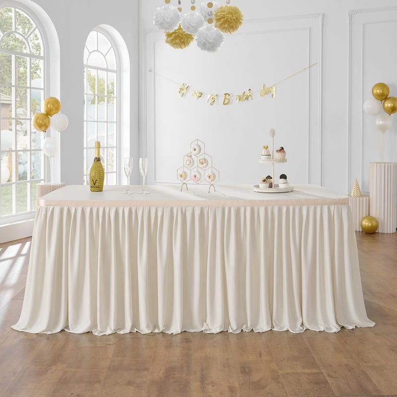 leegleri Leegleri 14ft Beige Table Skirt for Rectangle TableSpandex Polyester Pleated Table Skirt for Baby Shower WeddingBirthday PartyGender RevealDessert Cake Tables