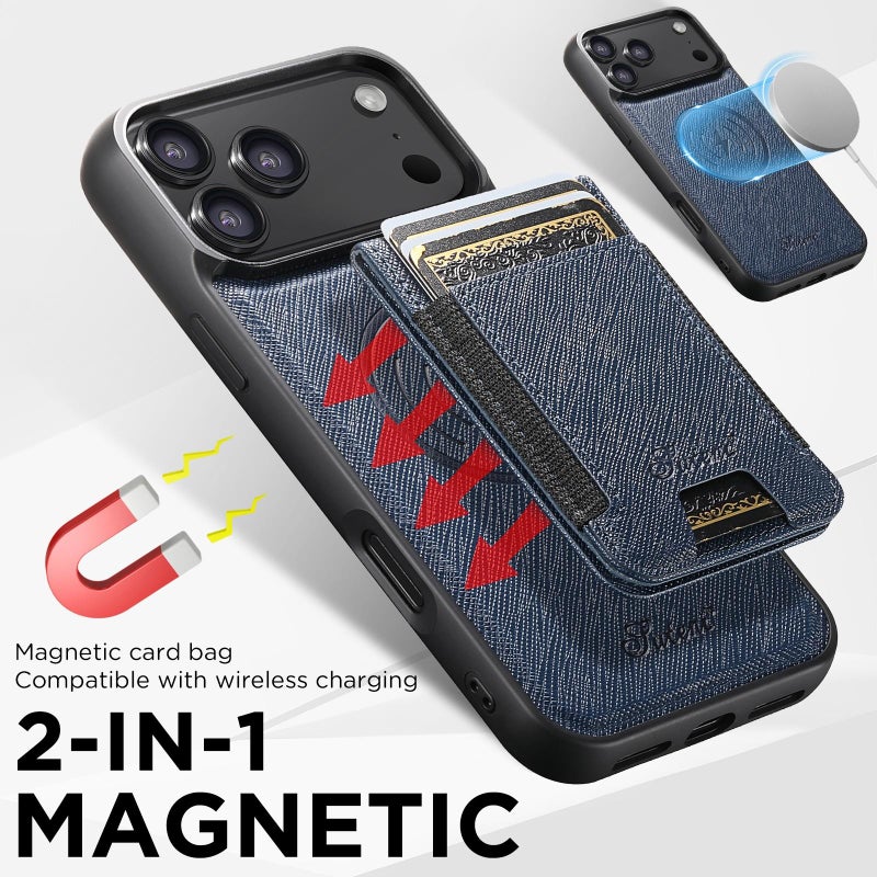 Suteni For Iphone 17 Pro H17 Cross Grain Leather Magsafe Detachable Wallet Phone Case(Blue) - Image 4