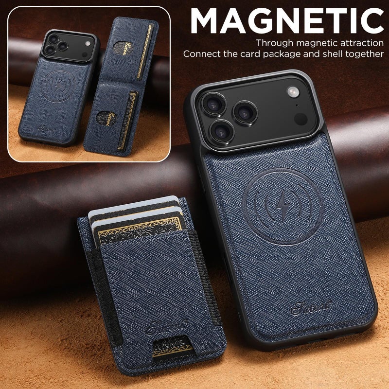 Suteni For Iphone 17 Pro H17 Cross Grain Leather Magsafe Detachable Wallet Phone Case(Blue) - Image 2