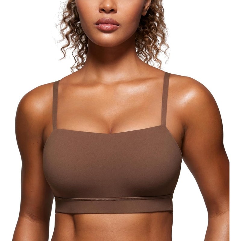 Yoga workout bra for women, Butterluxe fabric, black, adjustable spaghetti straps, padded wireless square neck design - Image 1