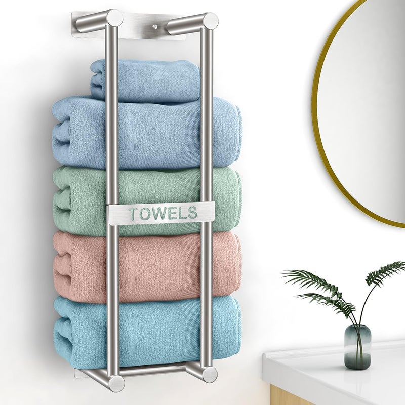 STWWO Towel Rack Wall Mounted Bath Towel Holder 56cm Bathroom Towel Holder for 4 Large Bath Sheets Rolled Towels Storage for Small Bathroom Organizer Brushed