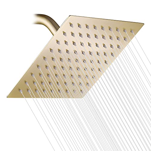 GGStudy Brushed Gold Shower Head GGStudy 8 inch Square Rain Shower head Stainless Steel Shower head High Pressure Shower Head Ultra Thin Rainfall Bath Shower Self-cleaning Silicon Nozzle - Image 1