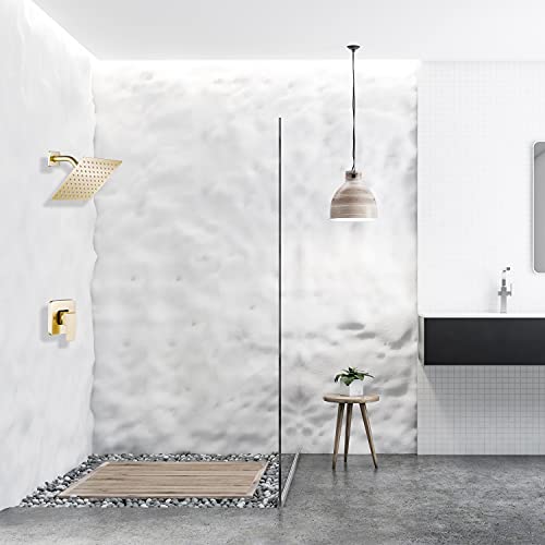 GGStudy Brushed Gold Shower Head GGStudy 8 inch Square Rain Shower head Stainless Steel Shower head High Pressure Shower Head Ultra Thin Rainfall Bath Shower Self-cleaning Silicon Nozzle - Image 2