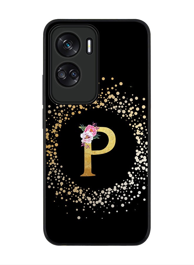 Stylizedd غطاء لهونر 90 لايت 5G / هونر X50i 5G - حافظة سوداء متينة نحيفة - نمط زهور مخصص بحرف أولي - P (أسود) - Image 1
