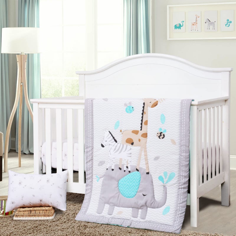 JISEN 3 Piece Crib Bedding Set Crib Quilt Crib Sheet Pillowcase Soft Microfiber Printed Nursery Set for Baby Boys or Girls Gray