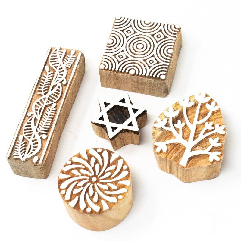 Hashcart Wooden Stamp Block | Set of 5 | Printing Stamp Design Set | Block for Printing Saree Border | Dresses, Craft Card Making, Scrapbook, Clay Pottery - Image 1