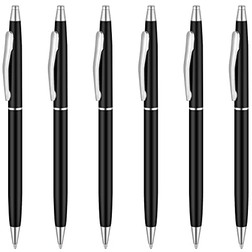 Unibene 6 Pcs Slim Metallic Retractable Ballpoint Pens - Matte Black & Silver, Nice Gift for Business Office Students Teachers Wedding, Medium Point(1 mm) 6 Pack-Black ink - Image 1