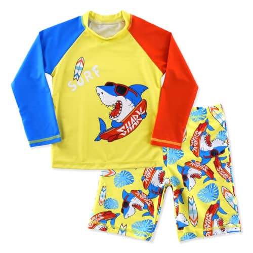 SINOLY Boys Two Piece Rash Guard Swimsuits Kids Long Sleeve Sunsuit Swimwear Sets Surfing Shark Pattern 7T - Image 1