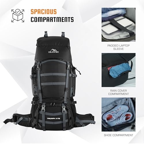 TRAWOC TRIUMPH X 75 Liter Camping Backpack Trekking Hiking Ruckssack Travel Bag Front & Top Loading Laptop/Rain Cover/Shoe Compartment, BHK009, Black - Image 4