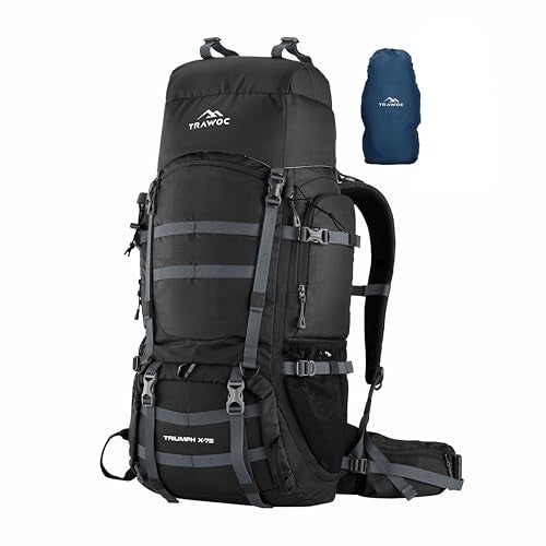 TRAWOC TRIUMPH X 75 Liter Camping Backpack Trekking Hiking Ruckssack Travel Bag Front & Top Loading Laptop/Rain Cover/Shoe Compartment, BHK009, Black - Image 1