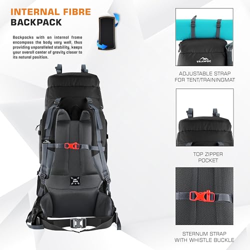 TRAWOC TRIUMPH X 75 Liter Camping Backpack Trekking Hiking Ruckssack Travel Bag Front & Top Loading Laptop/Rain Cover/Shoe Compartment, BHK009, Black - Image 3