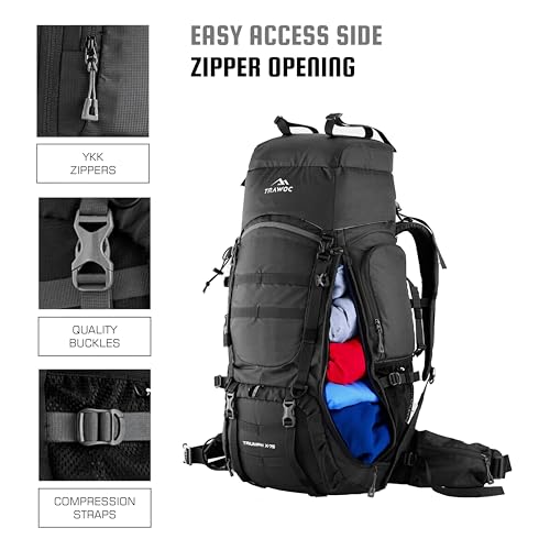 TRAWOC TRIUMPH X 75 Liter Camping Backpack Trekking Hiking Ruckssack Travel Bag Front & Top Loading Laptop/Rain Cover/Shoe Compartment, BHK009, Black - Image 5