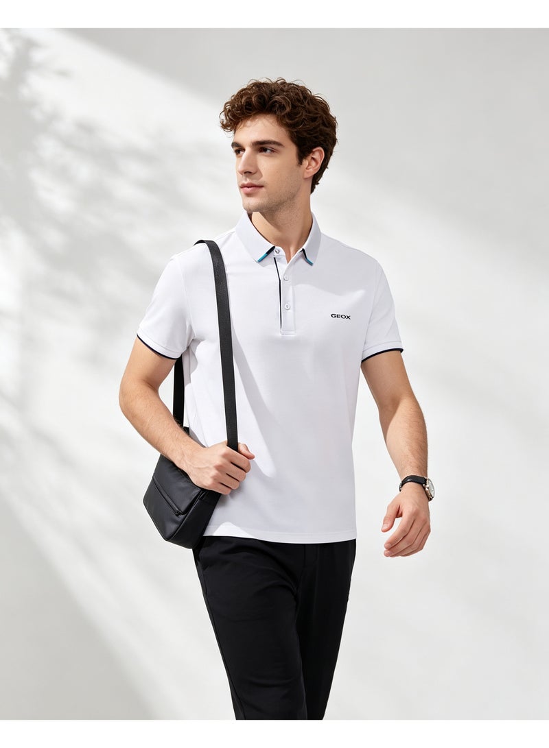 GEOX Men Short Sleeve Collared Polo Shirt Smart Business Daily Casual Outfit White - Image 2