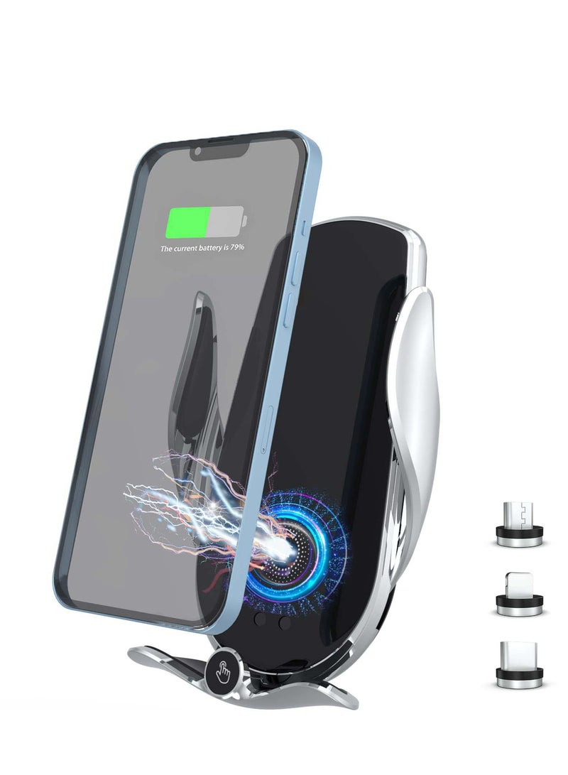 Excefore Wireless Car Charger - 15W Qi Fast Charging, Smart Sensor Air Vent Mount for iPhone and All Smartphones - One-Hand Operation, 360° Rotation - Silver - Image 1