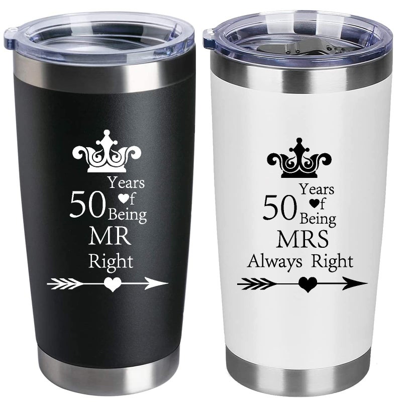 HLIKEM Set of 2 Wedding Engagement 50th Anniversary Tumblers for Couples Parents 20 OZ Stainless Steel Insulated Car Tumbler Travel Mug Mr Right Mrs Always Right 50 Years Anniversary Funny Present