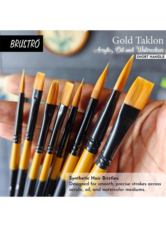 BRUSTRO Gold Taklon Artist's Brushes | Set of 8 | Sizes - Round (1,3,5), Bright (2,6), Filbert (2,6), and Flat (2) | Matte Finish, Ideal for Acrylic, Watercolour, Oil Paintings, School, Office Use - Image 4
