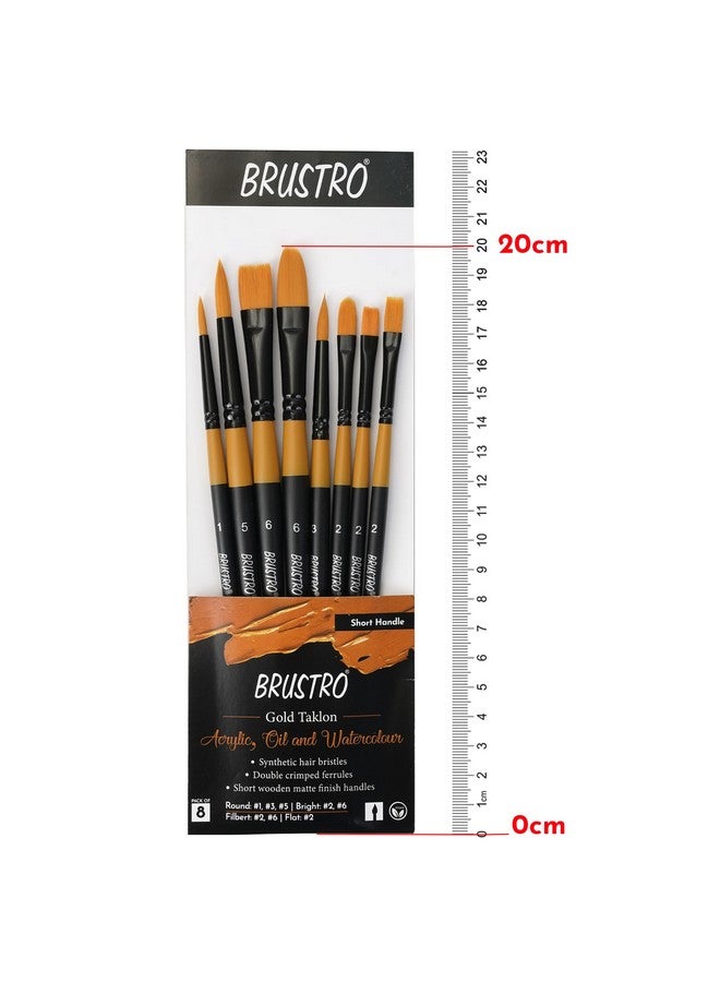 BRUSTRO Gold Taklon Artist's Brushes | Set of 8 | Sizes - Round (1,3,5), Bright (2,6), Filbert (2,6), and Flat (2) | Matte Finish, Ideal for Acrylic, Watercolour, Oil Paintings, School, Office Use - Image 2