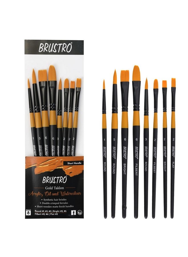 BRUSTRO Gold Taklon Artist's Brushes | Set of 8 | Sizes - Round (1,3,5), Bright (2,6), Filbert (2,6), and Flat (2) | Matte Finish, Ideal for Acrylic, Watercolour, Oil Paintings, School, Office Use - Image 1
