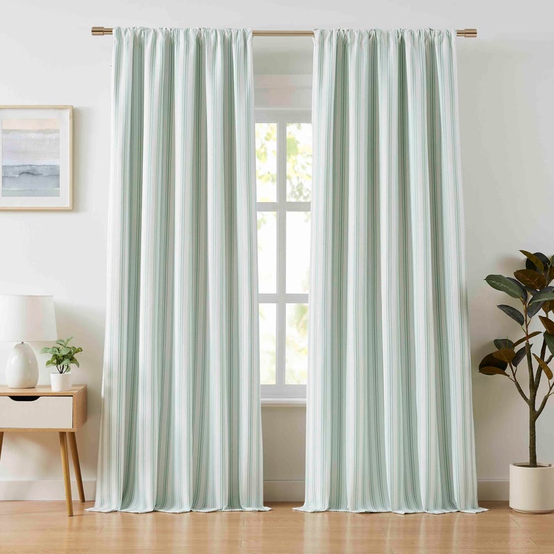 ZJDECOR 84 Inches Long Green White Stripe Full Blackout Curtains,Cotton Blend Room Darkening Striped Drapes,Farmhouse Window Treatment for Living Room Bedroom,Back Tab Rod Pocket,55"Wx84"L(Pack of 2) - Image 1