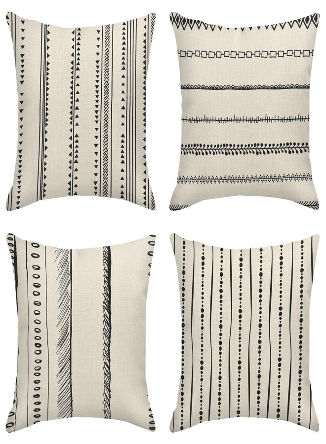 ArtSocket Set of 4 Throw Pillow Covers Pattern Black and White Boho Bohemian Geometric Dots Lines of Borders Decor Linen Outdoor Pillow Cases Home Decorative Square 18x18 Inches Pillowcases - Image 1
