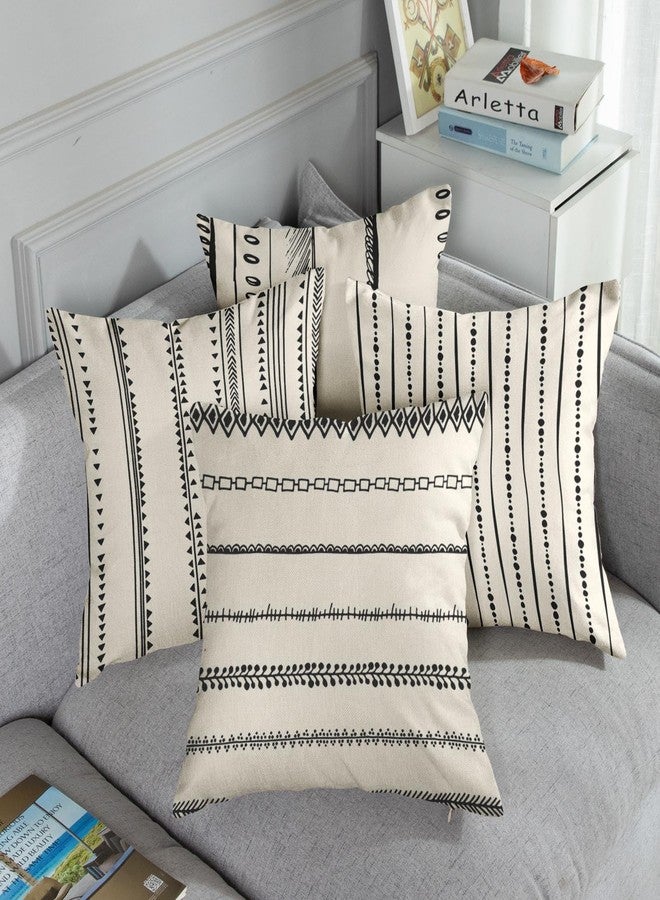 ArtSocket Set of 4 Throw Pillow Covers Pattern Black and White Boho Bohemian Geometric Dots Lines of Borders Decor Linen Outdoor Pillow Cases Home Decorative Square 18x18 Inches Pillowcases - Image 5