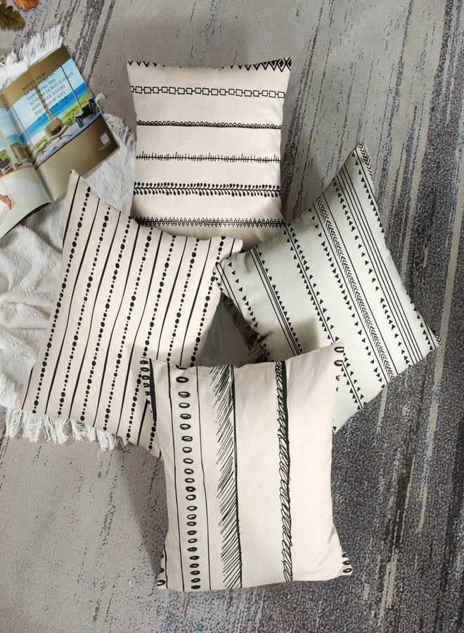ArtSocket Set of 4 Throw Pillow Covers Pattern Black and White Boho Bohemian Geometric Dots Lines of Borders Decor Linen Outdoor Pillow Cases Home Decorative Square 18x18 Inches Pillowcases - Image 2