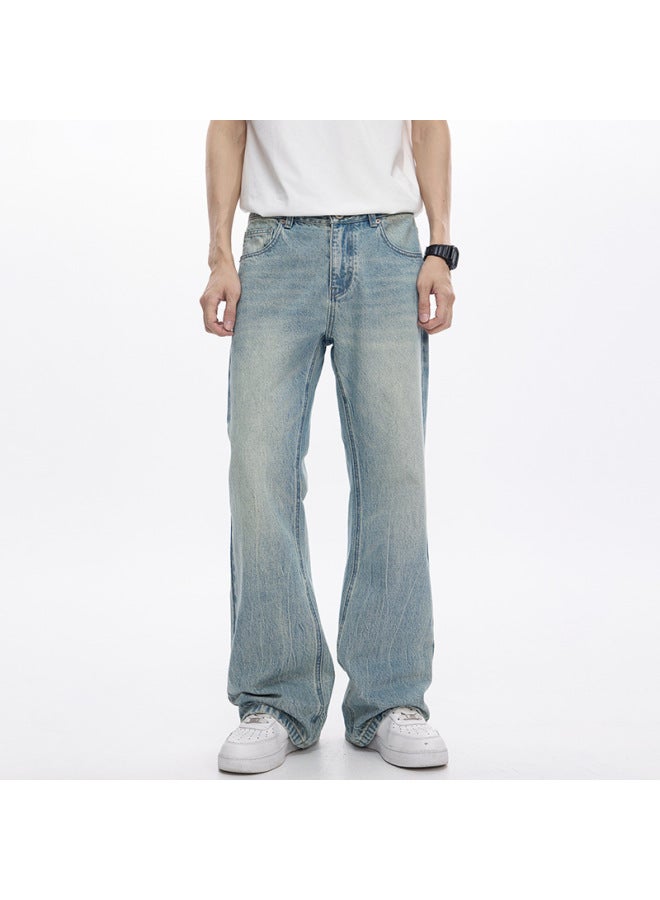 Men's American-style Washed Micro-lar Jeans Men's Loose Straight Barrel All-match Wide-leg Pants
