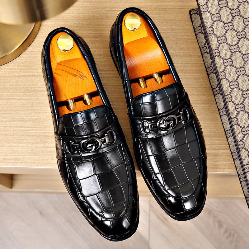 Slip-On Men'S Shoes, Horsebit British Style Fashionable Large Size Stone Pattern Business Casual Small Leather Shoes, Loafers For Trendy Men - Image 5