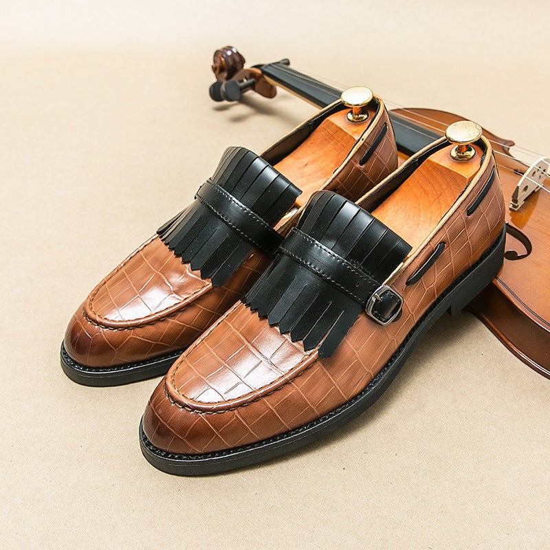 Slip-On Men'S Shoes, Horsebit British Style Fashionable Large Size Stone Pattern Business Casual Small Leather Shoes, Loafers For Trendy Men - Image 1