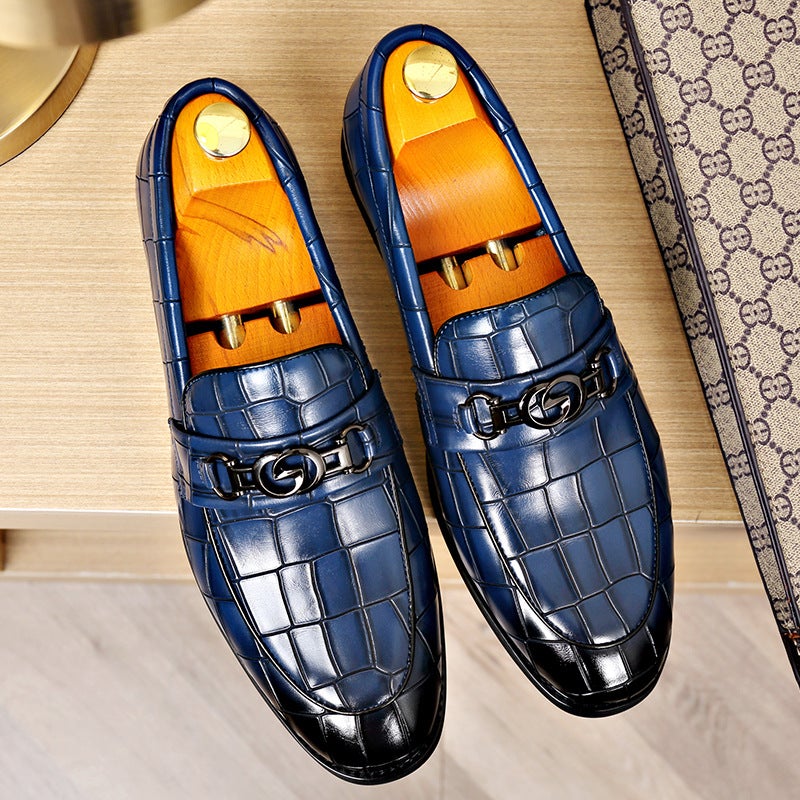 Slip-On Men'S Shoes, Horsebit British Style Fashionable Large Size Stone Pattern Business Casual Small Leather Shoes, Loafers For Trendy Men - Image 3