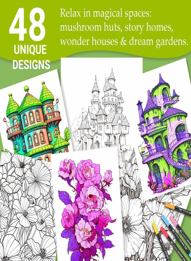 apolyone Adult Coloring Book, 2 Pack Mindfulness Mandala Flowers Coloring Books with 24 Pcs Dual Tip Brush Pens for Stress Anxiety Relief Women, Dream Garden & Magic House Styles, 48 Pages - Image 2