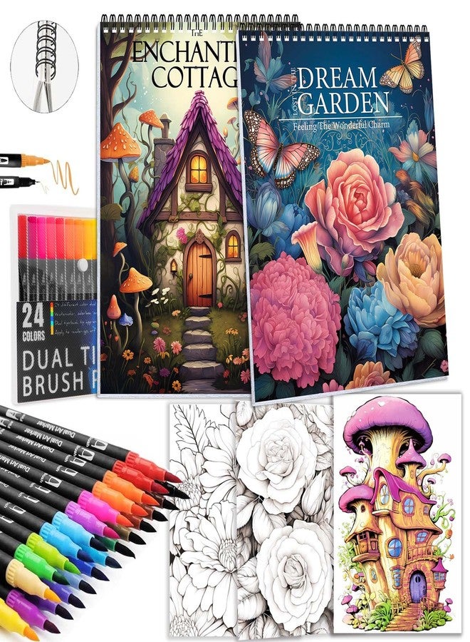 apolyone Adult Coloring Book, 2 Pack Mindfulness Mandala Flowers Coloring Books with 24 Pcs Dual Tip Brush Pens for Stress Anxiety Relief Women, Dream Garden & Magic House Styles, 48 Pages - Image 1