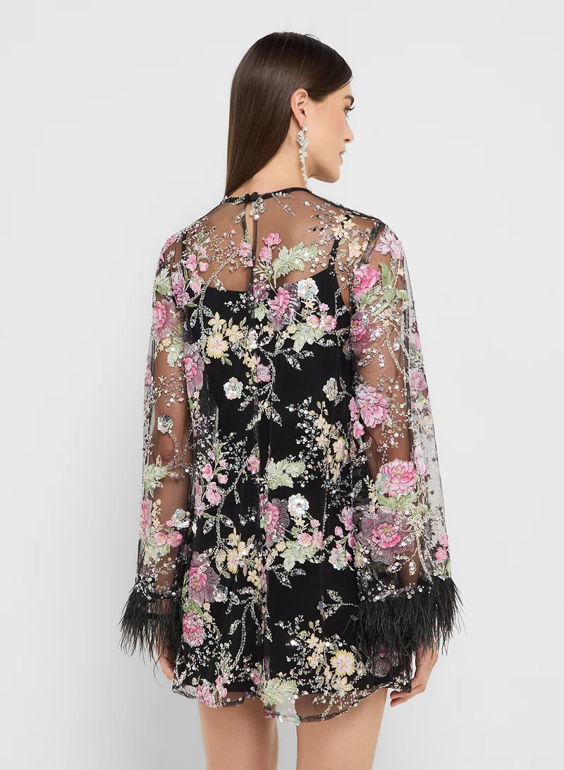 جينجر بوتيك eclat luxe mesh sequin embellished dress with feather detail