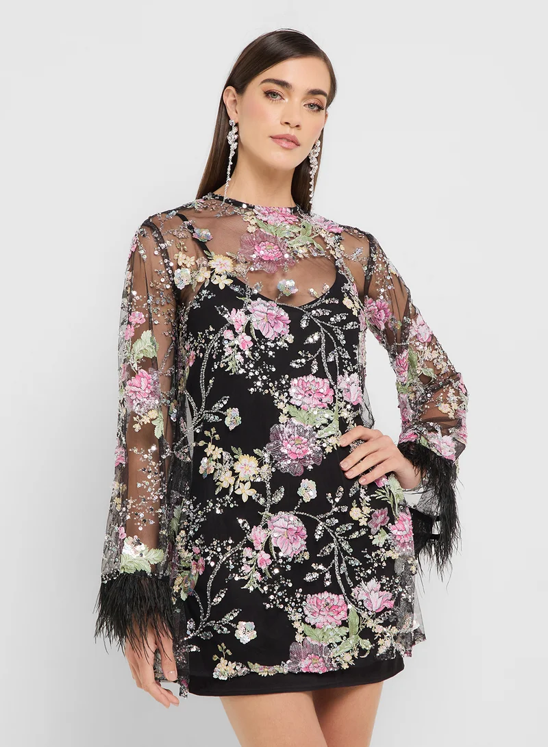 جينجر بوتيك eclat luxe mesh sequin embellished dress with feather detail