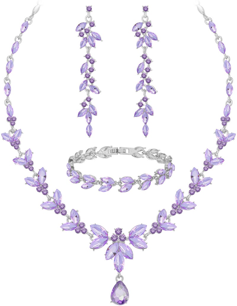 Paxuan Wedding Jewelry Sets for Bride Bridesmaid Bridal Jewelry Set for Women Wedding Crystal Necklace Earrings Bracelet Set for Party Prom Jewelry (Light Purple - Silver) - Image 1