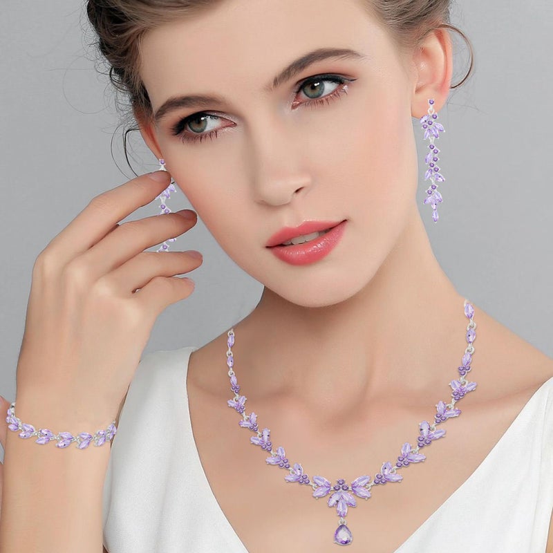 Paxuan Wedding Jewelry Sets for Bride Bridesmaid Bridal Jewelry Set for Women Wedding Crystal Necklace Earrings Bracelet Set for Party Prom Jewelry (Light Purple - Silver) - Image 2