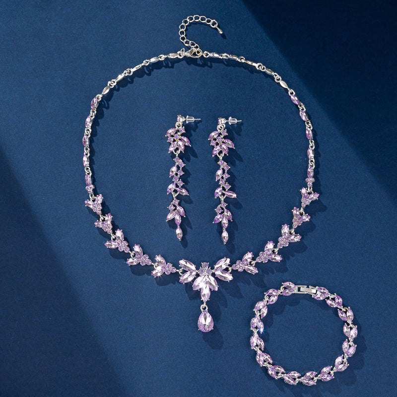 Paxuan Wedding Jewelry Sets for Bride Bridesmaid Bridal Jewelry Set for Women Wedding Crystal Necklace Earrings Bracelet Set for Party Prom Jewelry (Light Purple - Silver) - Image 5