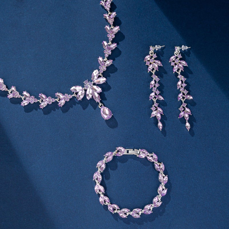 Paxuan Wedding Jewelry Sets for Bride Bridesmaid Bridal Jewelry Set for Women Wedding Crystal Necklace Earrings Bracelet Set for Party Prom Jewelry (Light Purple - Silver) - Image 4