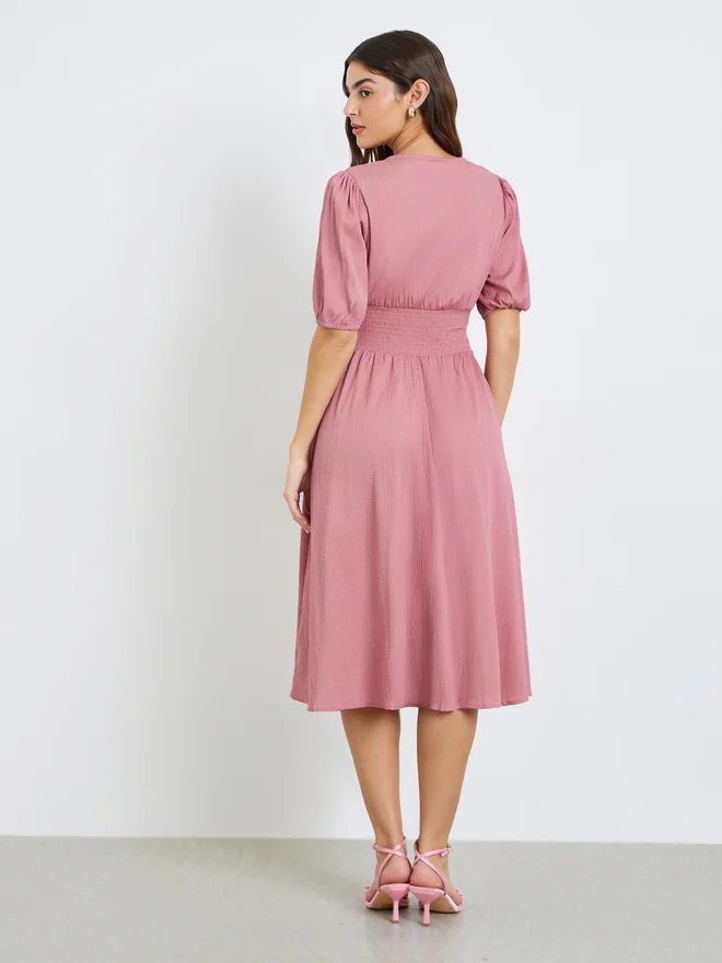 Styli pink Styli Pink Textured V Neck A-Line Midi Dress for Women | Best Price UAE