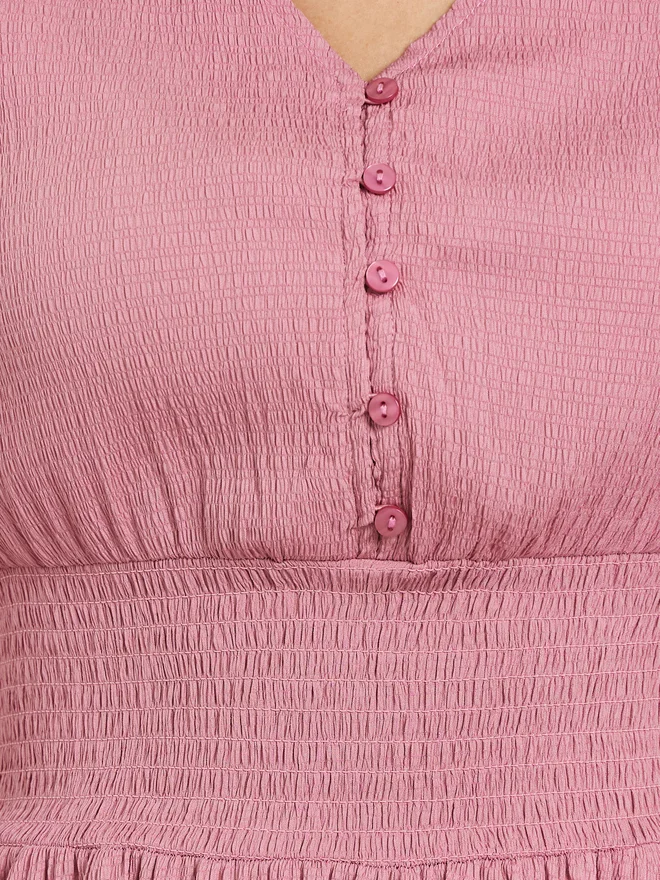 Styli pink Styli Pink Textured V Neck A-Line Midi Dress for Women | Best Price UAE