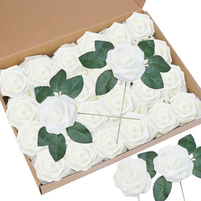 Awtlife 50 pcs Artificial Flower Rose and 15 Artificial Leaf for DIY Bouquets Wedding Party Baby Shower Home Decor